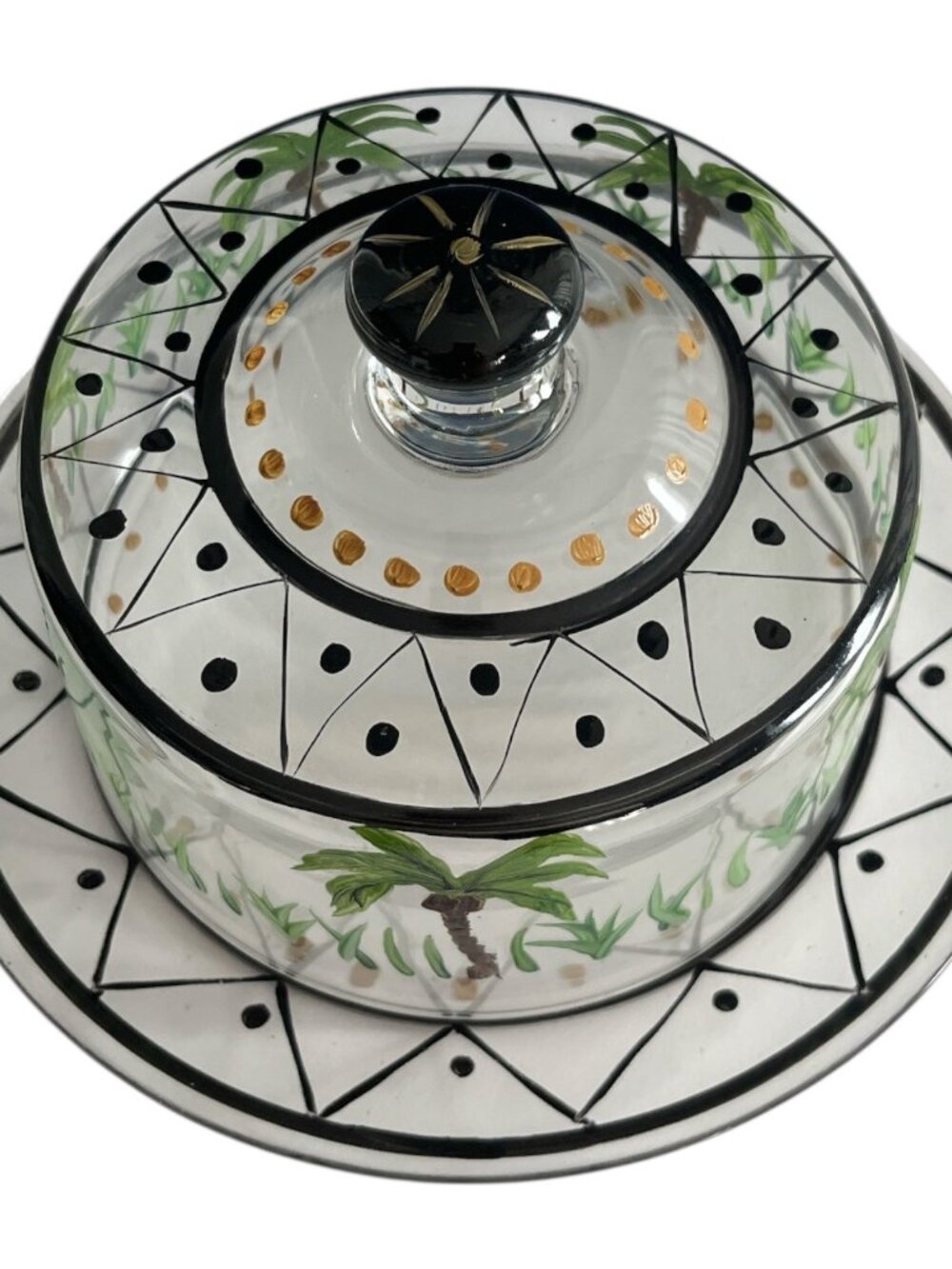 Hand Painted Glass Cheese Dome & Plate Palm Tree Design Black Gold Accents VTG
